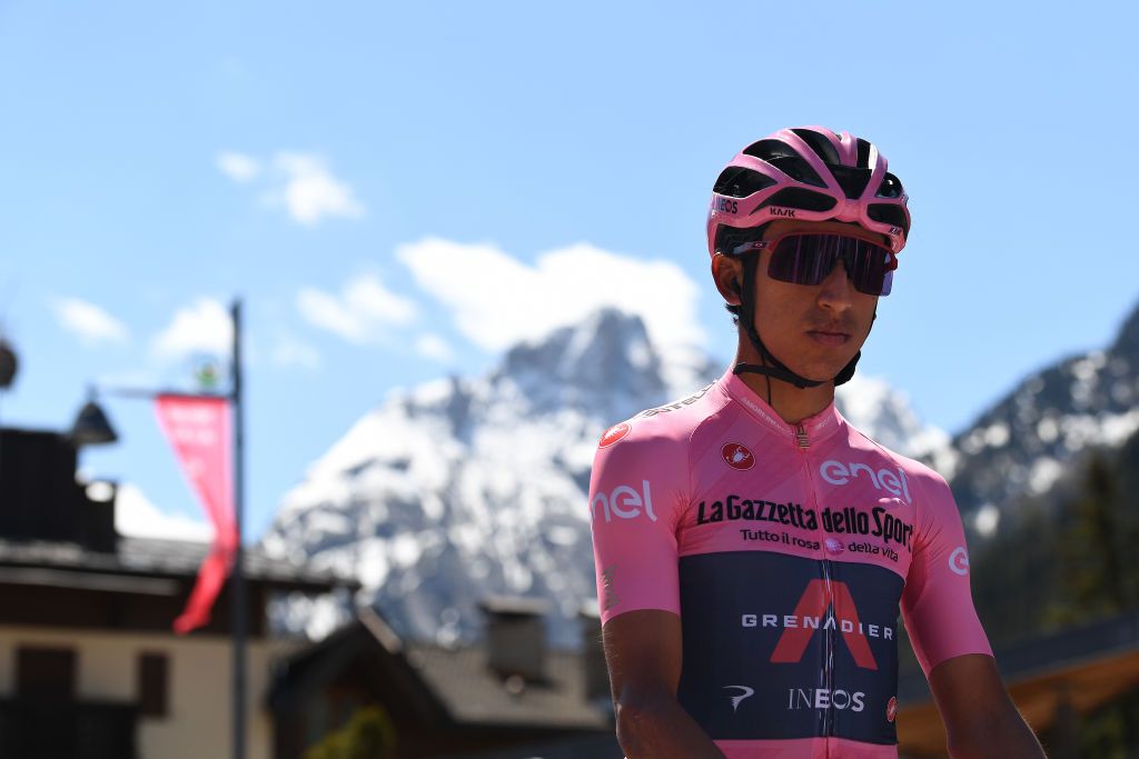 SEGA DI ALA ITALY MAY 26 Egan Arley Bernal Gomez of Colombia and Team INEOS Grenadiers Pink Leader Jersey at start in Canazei Village during the 104th Giro dItalia 2021 Stage 17 a 193km stage from Canazei to Sega di Ala 1246m Mountains Snow Team Presentation UCIworldtour girodiitalia Giro on May 26 2021 in Sega di Ala Italy Photo by Tim de WaeleGetty Images