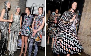 LEFT: Four models wearing outfits from the S/S 2019 collection, backstage at London Fashion Week. RIGHT: Models on the run way showcasing the S/S 2019 collection