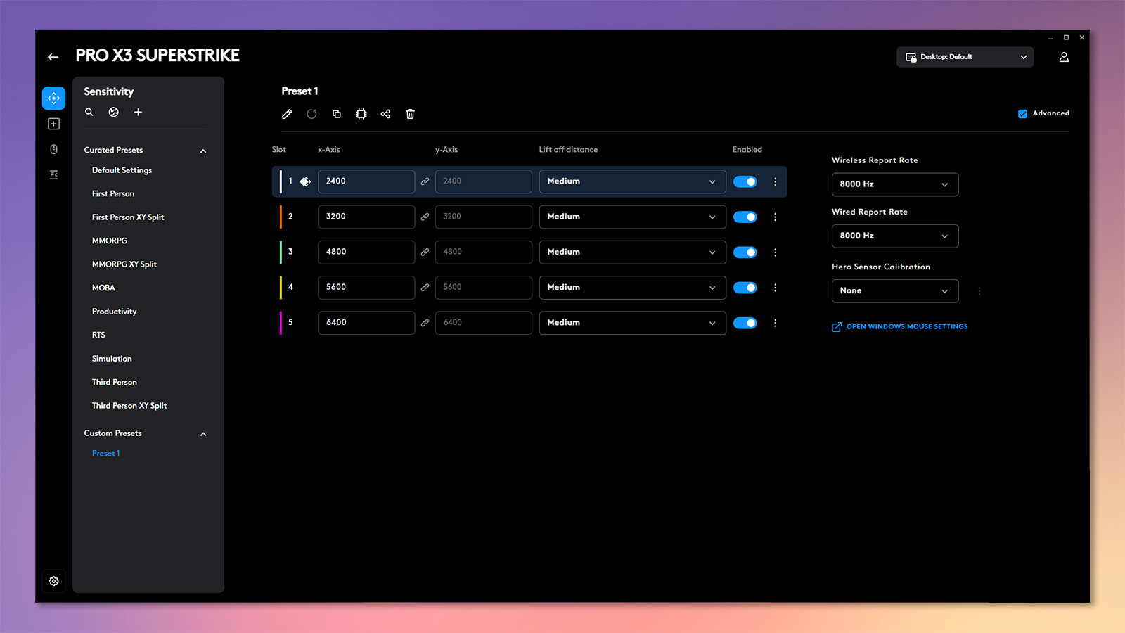 The Logitech G Hub software being used to customize the Pro X3 SuperStrike