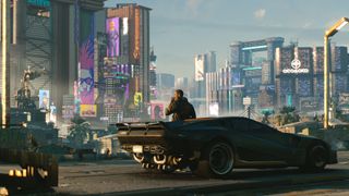 Cyberpunk 2077 protagonist leans on car smoking a cigarette in front of the city.