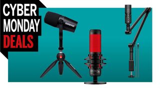 Microphones laid over cyber monday banner