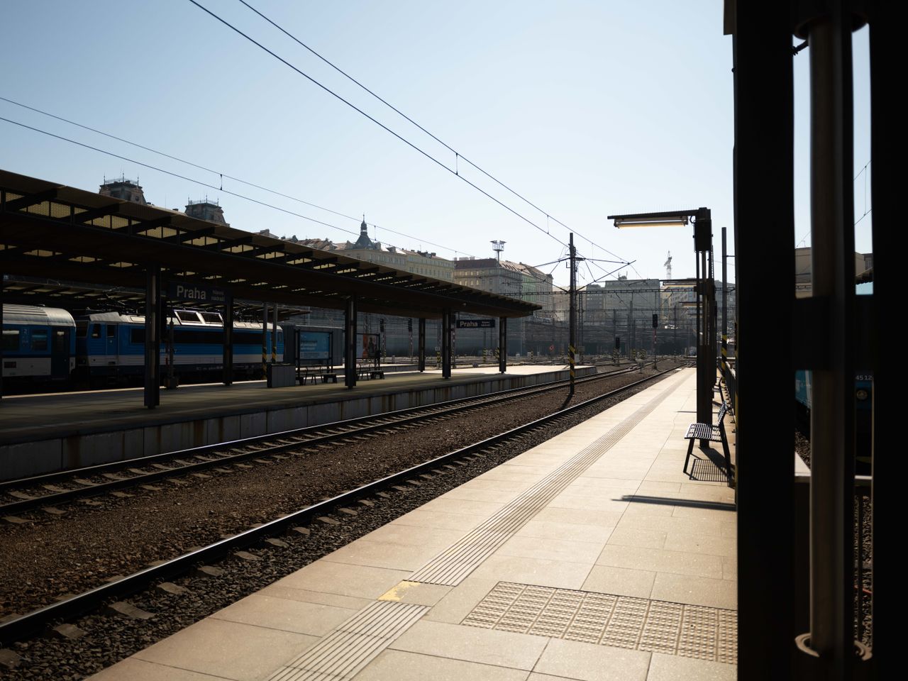 Railway tracks and platform on a sunny day
