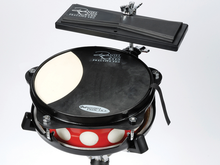 The timbale has a unique twin cowbell practice pad attachment