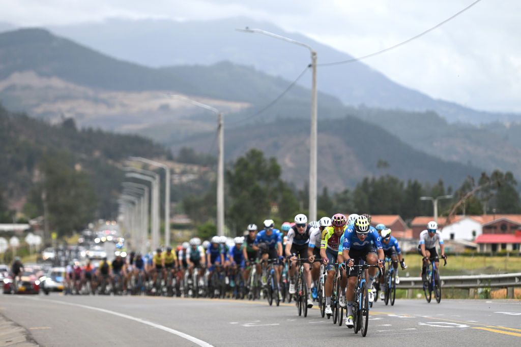 PAIPA COLOMBIA FEBRUARY 06 Vinicius Rangel of Brasil and Movistar Team leads the peloton during the 4th Tour Colombia 2024 Stage 1 a 1686km stage from Paipa to Santa Rosa de Viterbo 2751m on February 06 2024 in Paipa Colombia Photo by Maximiliano BlancoGetty Images