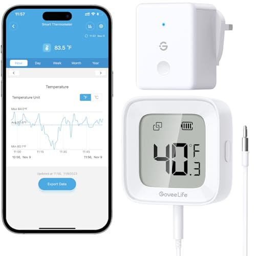 Goveelife Fridge Thermometer With Custom Alarms – Wireless Digital Freezer Temperature Gauge With App Control, 2-Year Free Data Export for Wifi Refrigerators, Lcd Display, for Fridge Hot Tub