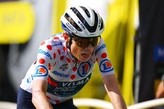 PLATEAU DE BEILLE FRANCE JULY 14 Jonas Vingegaard Hansen of Denmark and Team Visma Lease a Bike Polka Dot Mountain Jersey crosses the finish line on second place during the 111th Tour de France 2024 Stage 15 a 1977km stage from Loudenvielle to Plateau de Beille 1782m UCIWT on July 14 2024 in Plateau de Beille France Photo by Dario BelingheriGetty Images