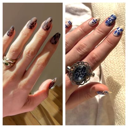 two hands with painted nails and silver rings in bright sunlight