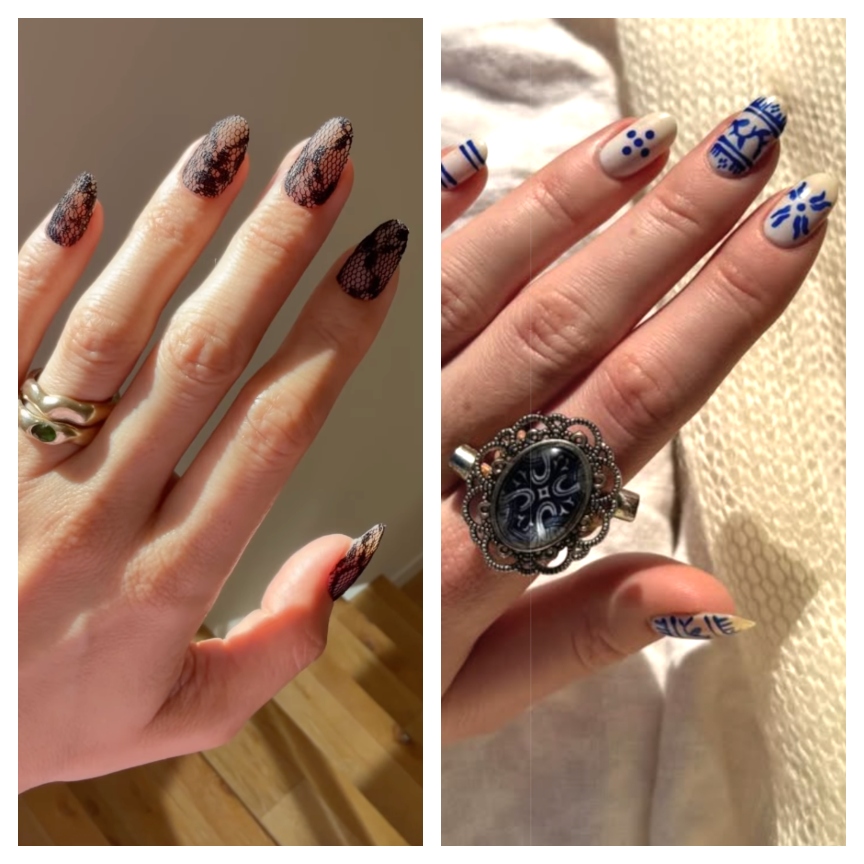 two hands with painted nails and silver rings in bright sunlight