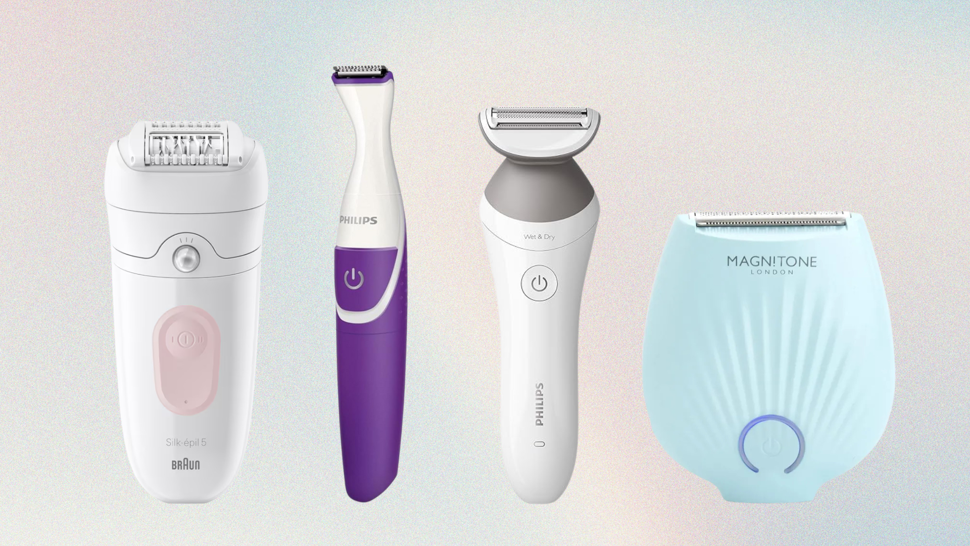 Collage of four of the best bikini trimmers by (left to right) Braun, Phillips, Phillips and Magnitone, set in front of a pink, cream and blue ombre background