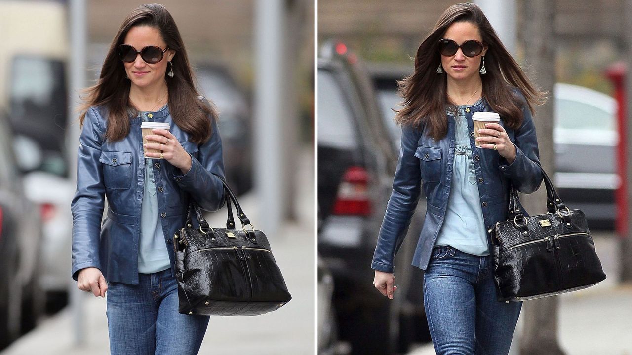 Composite of two pictures of Pippa Middleton wearing skinny jeans, a blue leather jacket and black knee high boots as she walks with a coffee in London on November 2012