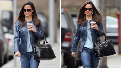 Composite of two pictures of Pippa Middleton wearing skinny jeans, a blue leather jacket and black knee high boots as she walks with a coffee in London on November 2012