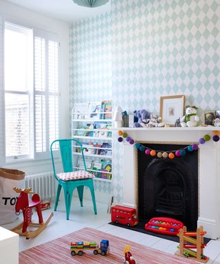 room with wallpaper design and toy