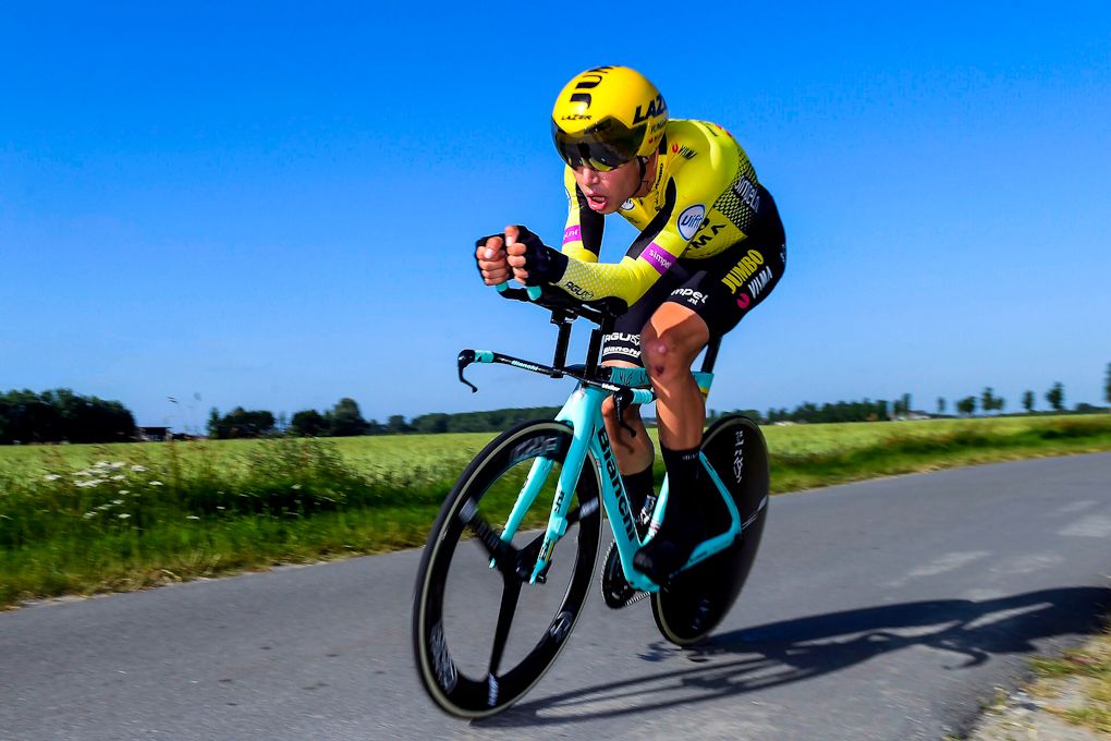 Wout van Aert en route to winning the Belgian time trial title