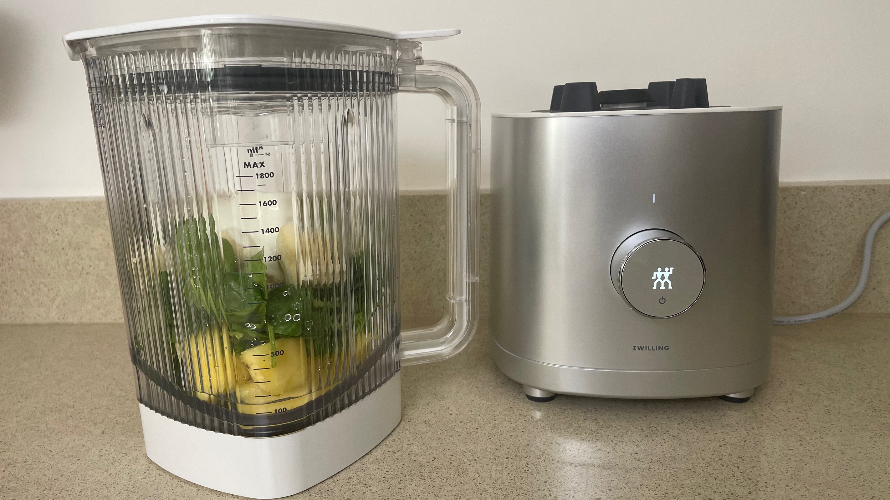 Smoothie ingredients before blending in the Zwilling Enfinigy Power Blender