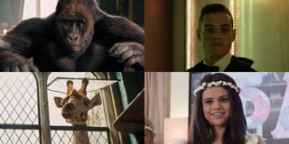 Dolittle's Chee-Chee the Gorilla next to his voice actor Rami Malek and giraffe Betsy with her actre