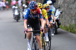 ALPE DHUEZ FRANCE AUGUST 18 Evita Muzic of France and Team FDJ SUEZ in the chase group during the 3rd Tour de France Femmes 2024 Stage 8 a 1499km stage from Le GrandBornand to Alpe dHuez 1828m UCIWWT on August 18 2024 in Alpe dHuez France Photo by Alex BroadwayGetty Images