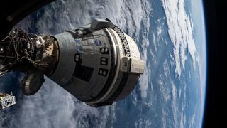 a grey cone-shaped spacecraft in the foreground with a blue-and-white earth behind it