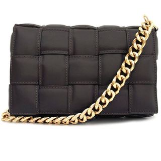 black woven padded handbag with gold chain in chocolate brown