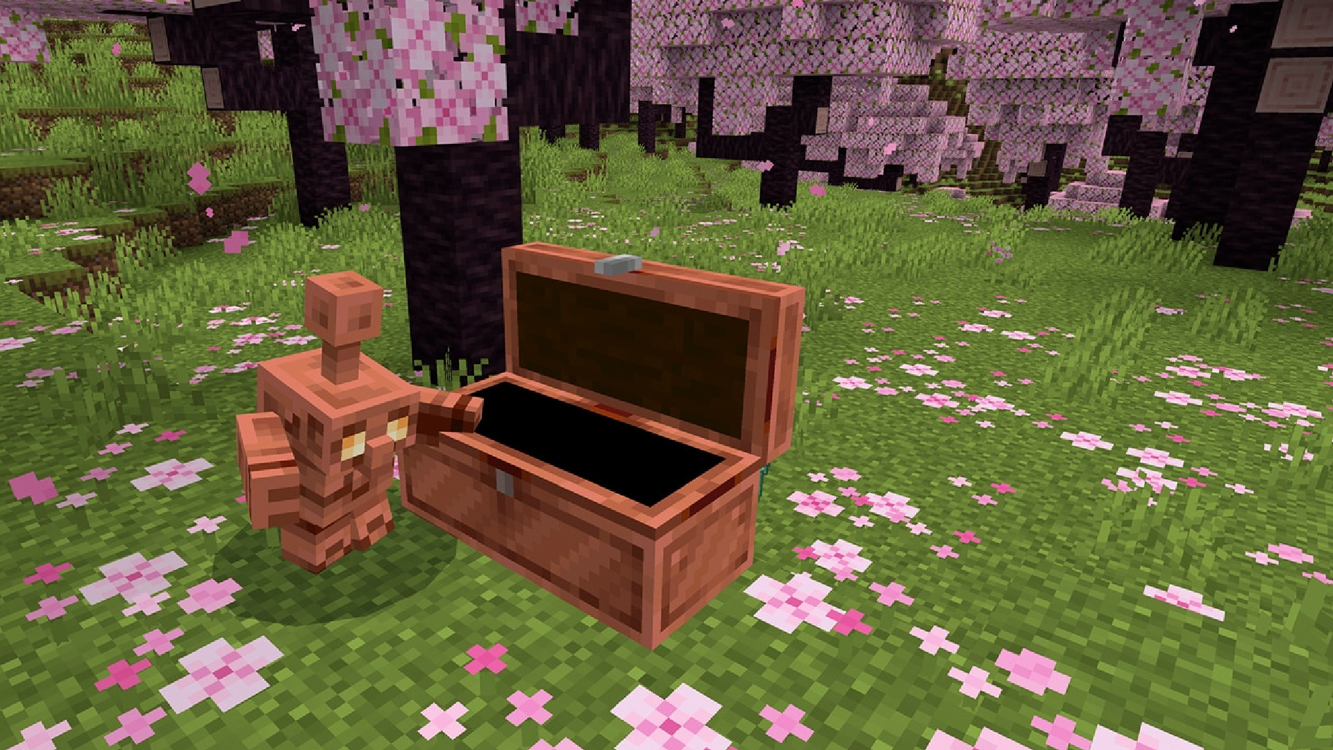 Minecraft's copper golem reaches inside a copper chest