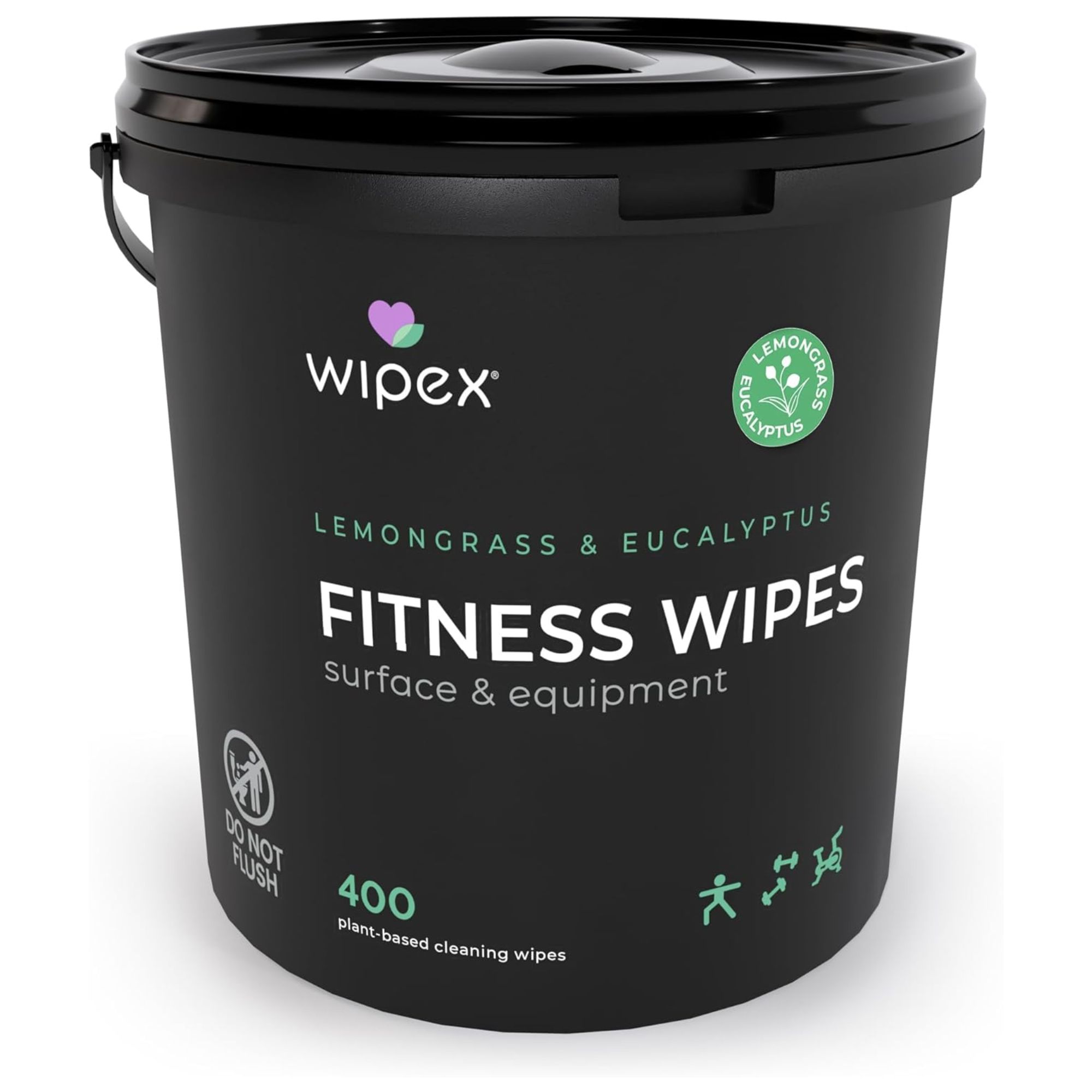 A black bucket of fitness wipes