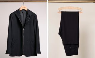 Two images, Left- Black jacket on a hanger, Right- Black trousers on a hanger