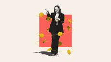 Illustration of Kamala Harris surrounded by floating Bitcoins