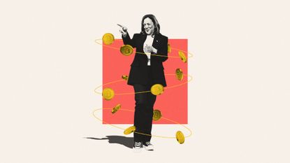 Illustration of Kamala Harris surrounded by floating Bitcoins