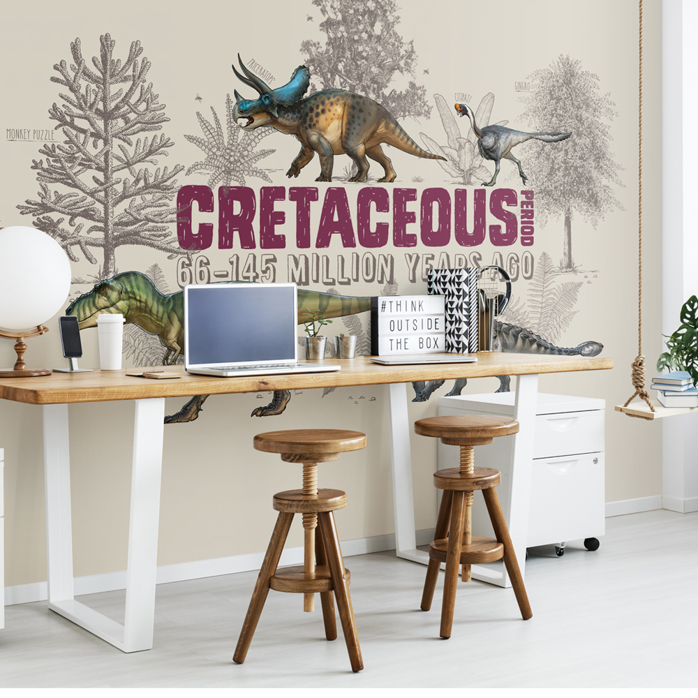 Dragon wallpaper on wall with laptop and table
