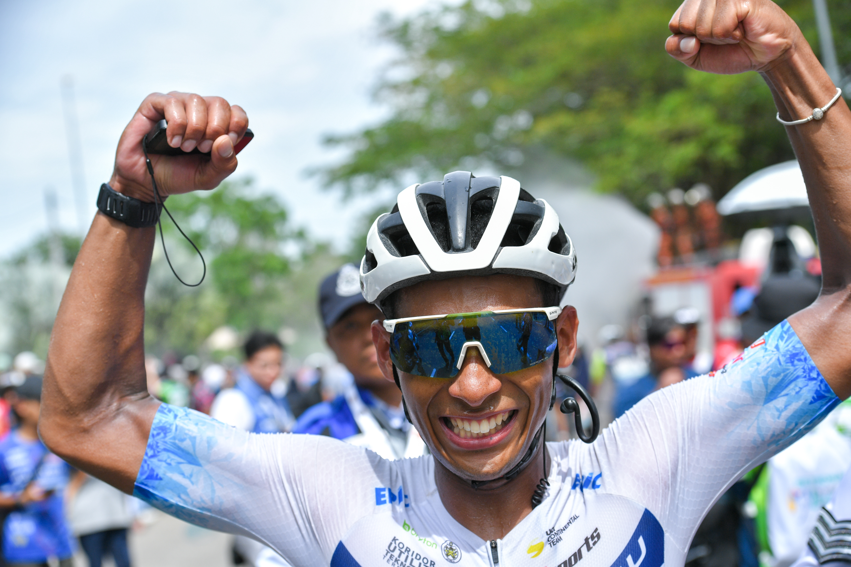 Aiman Rosli (Terengganu Cycling) celebrates after taking second spot on stage 7 of the 2025 Petronas Le Tour de Langkawi