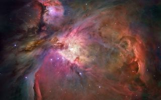 clouds of pink, brown, orange and purple swirl and expand through space. A few bright stars are visible through the dust cloud.