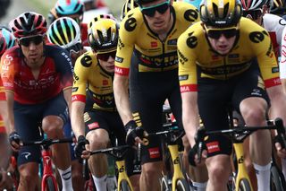 JumboVismas Danish rider Jonas Vingegaard C rides in the pack during the fifth stage of the 75th edition of the Criterium du Dauphine cycling race 1915km between CormoranchesurSaone and SalinsLesBains on June 8 2023 Photo by AnneChristine POUJOULAT AFP Photo by ANNECHRISTINE POUJOULATAFP via Getty Images