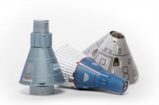 Field Notes' "Three Missions" paper model kits form 1:50 scale Mercury, Gemini and Apollo spacecraft.