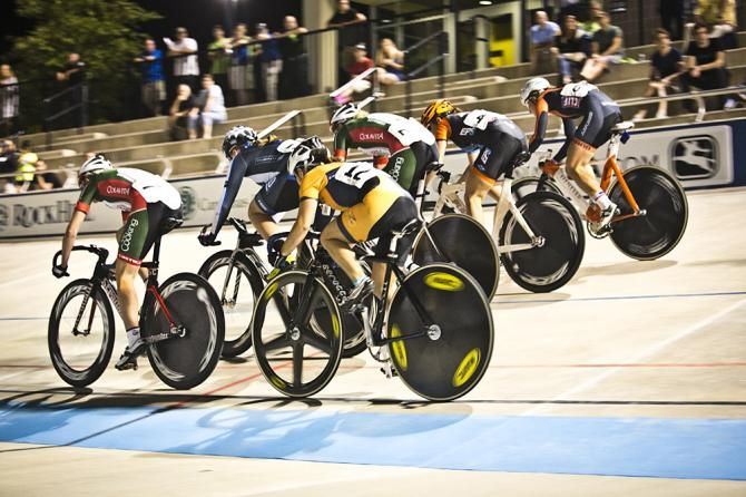 Kate Wilson (number 12) sits in a dangerous position in the Elimination race in this years Omnium competition at Elite Track Nationals