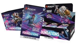 The Foundations Starter Collection, Play Booster Box, and Bundle on a plain background