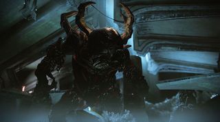 The monster Golgoroth from Destiny 2's king's fall raid. It is a large ogre-like humanoid with a bulbous eyeless head.