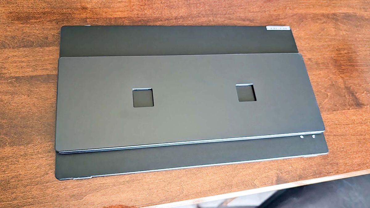 The backside of a JSAUX FlipGo Horizon monitor, showing the two magnet slots.
