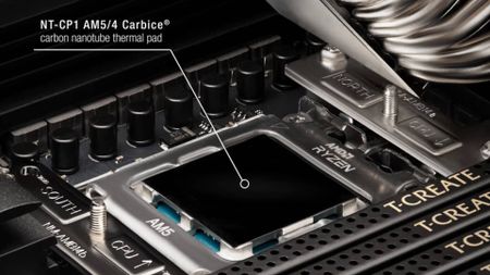 The NT-CP1 AM5/4, a cooling pad made by Carbice, is seen applied to a CPU as an alternative to thermal paste.