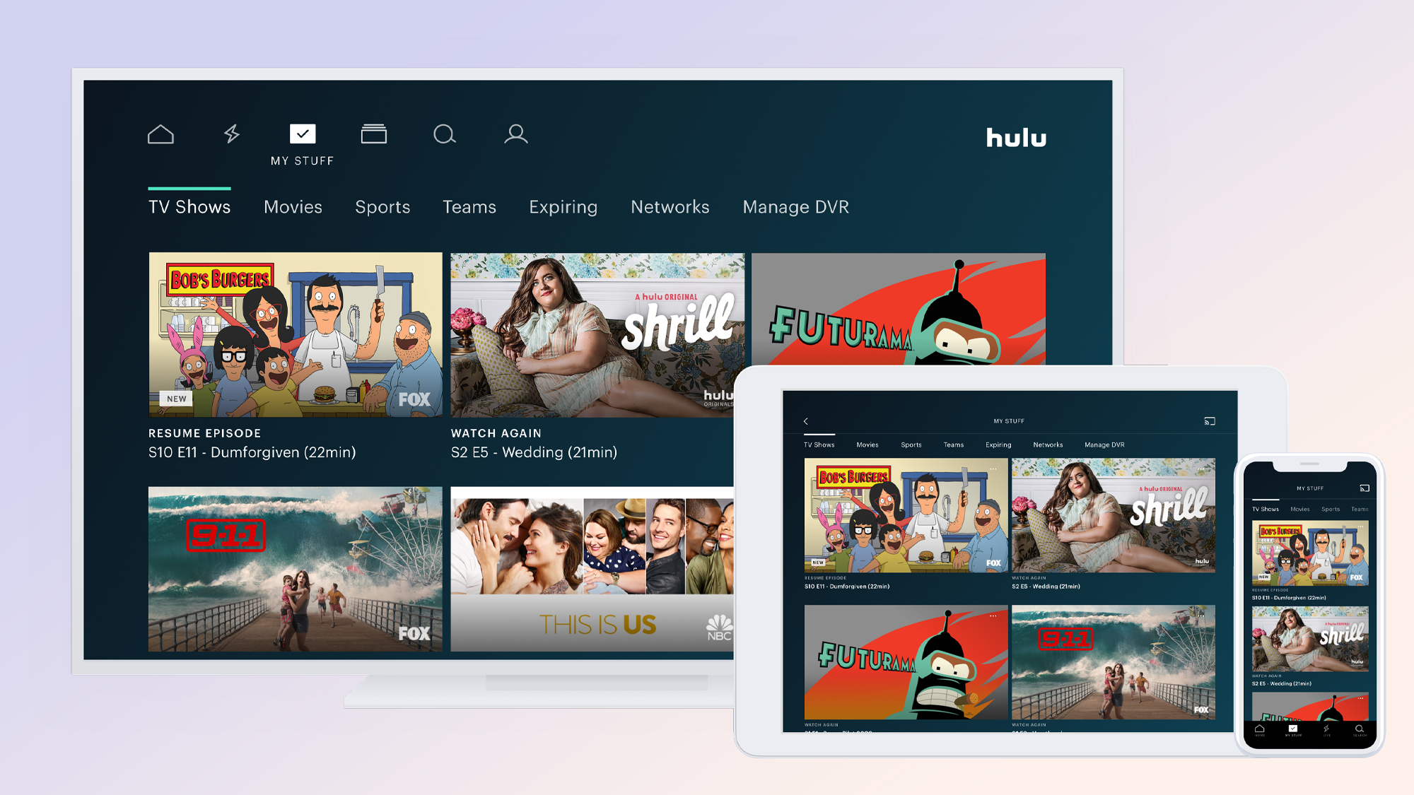 A grid of TV shows you've added to My Stuff in Hulu with Live TV on a TV, tablet and phone