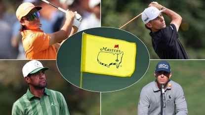 Rickie Fowler, Joaquin Niemann, Tony Finau, Billy Horschel and a yellow Masters flag