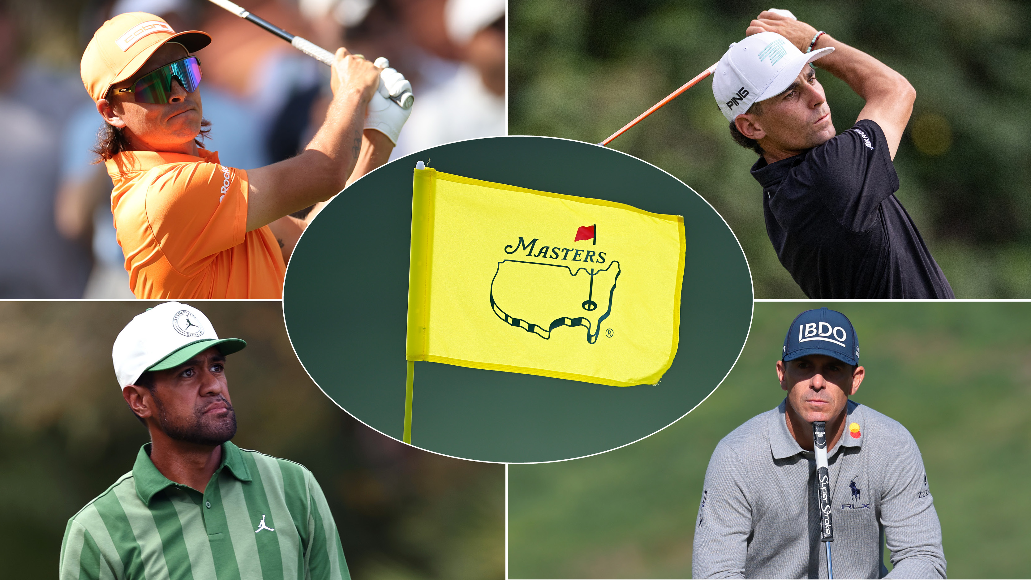 Rickie Fowler, Joaquin Niemann, Tony Finau, Billy Horschel and a yellow Masters flag