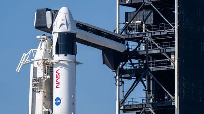 The SpaceX Falcon 9 rocket and Dragon spacecraft are seen ahead of a launch at Launch Complex 39A at the NASA&rsquo;s Kennedy Space Center on March 14, 2025 in Cape Canaveral, Florida.