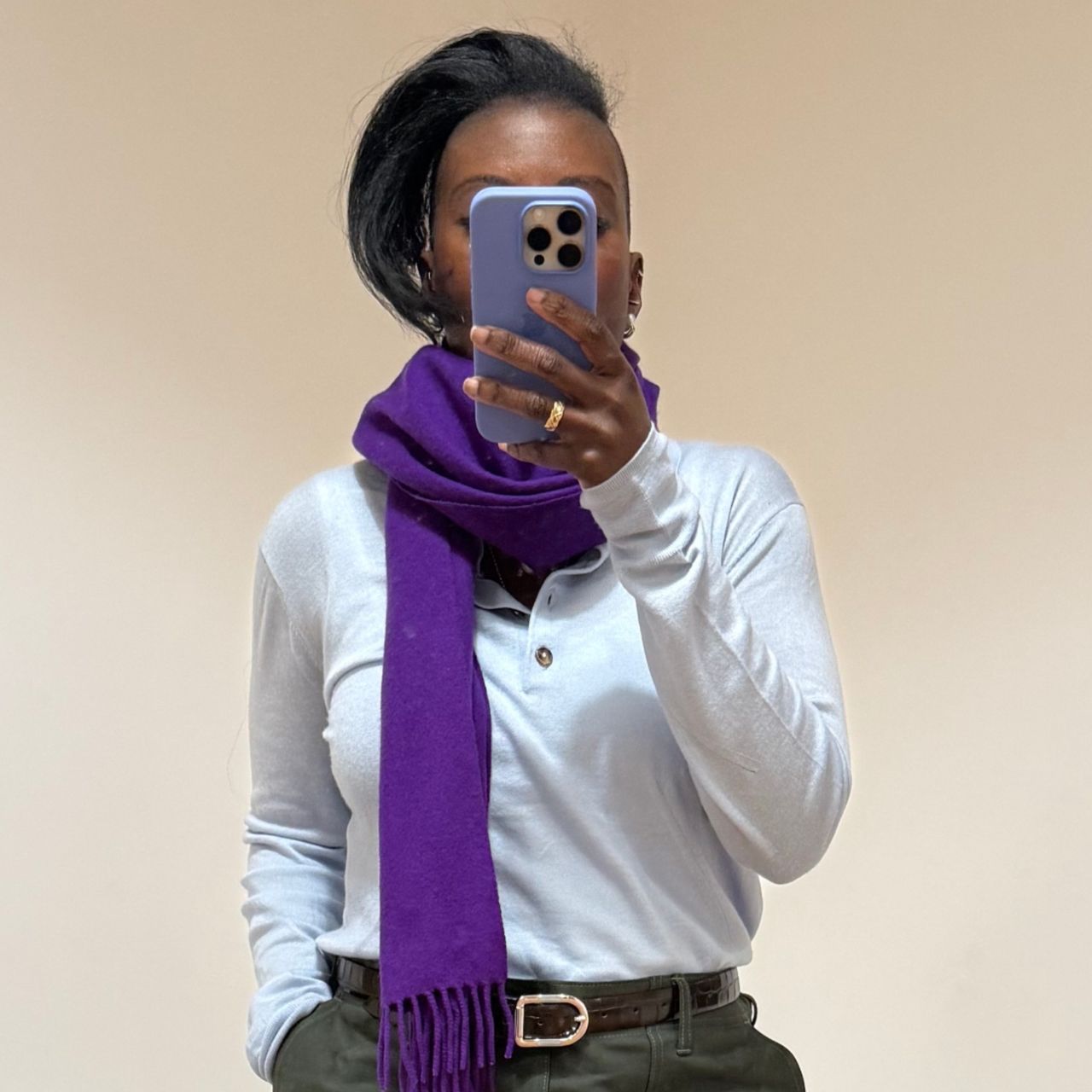 Nikki Ogunnaike wearing a purple scarf 