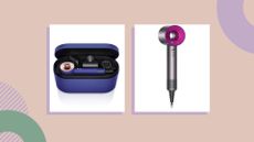 A composite image of two of the best Dyson hair dryer deals in July 2023, on a pink background..