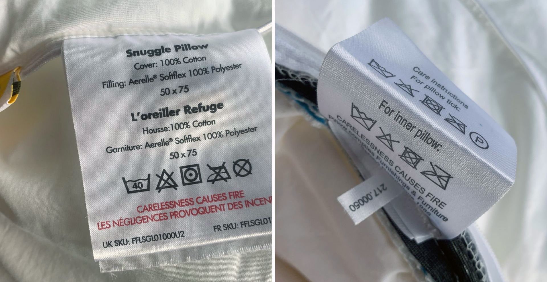 care labels on two pillows to demonstrate how to wash pillows properly