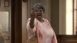 Auntie Rae flipping middle finger in Curb Your Enthusiasm series finale