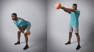 Man demonstrates two positions of the two-handed kettlebell swing