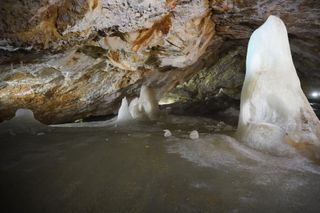 Image shows the ice formations within the Demänovská Ice Cave
