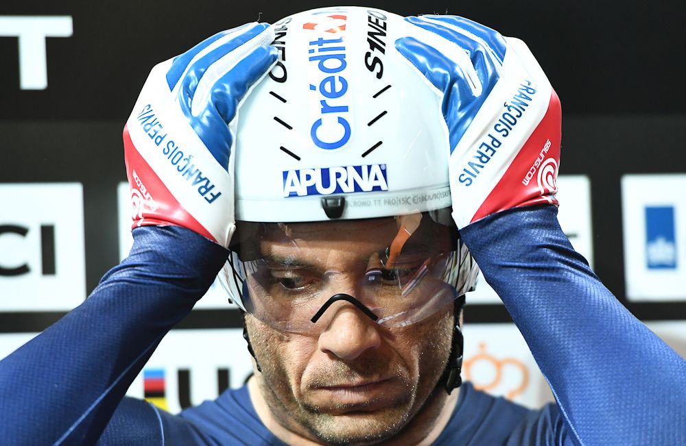 France's Francois Pervis prepares to take part in the men's Team Sprint first round at The UCI World Cycling Championships in Apeldoorn