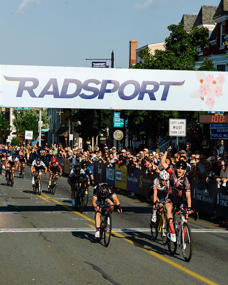 Kristina Clonan (Fearless Femme Racing) celebrates her victory in front of packed downtown West Reading