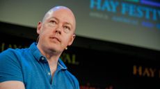 Close up of John Boyne giving a speech at Hay Festival